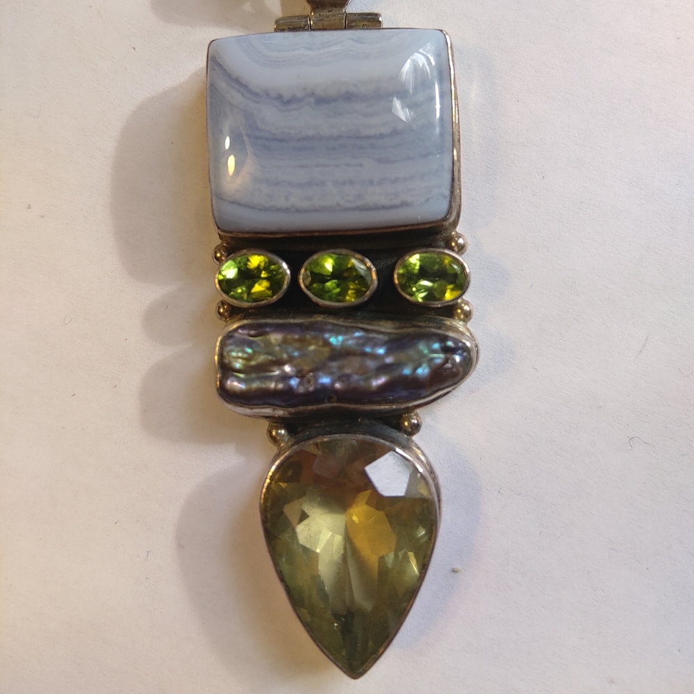 LARGE 925 SILVER MULTI GEM PENDANT, AGATE ABOLENE SHELL, PERIDOT GARNET, HINGED